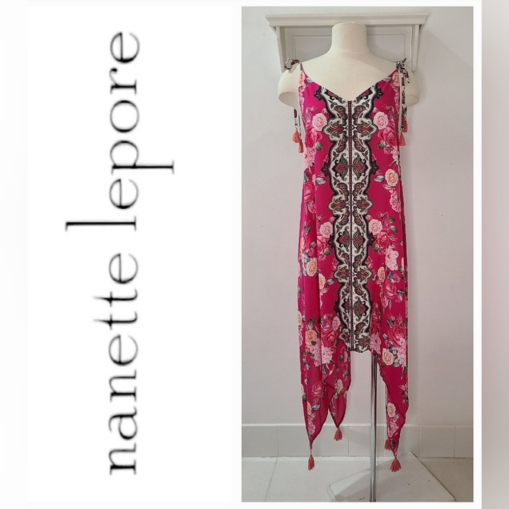 Nanette Lepore Haven Handkerchief Hem Spaghetti Strap Dress In Pink Floral Sz M